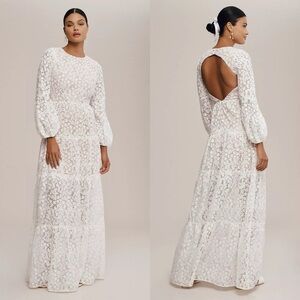 DRESS THE POPULATION White Lyra Puff-Sleeve Tiered Embroidered Gown XXS